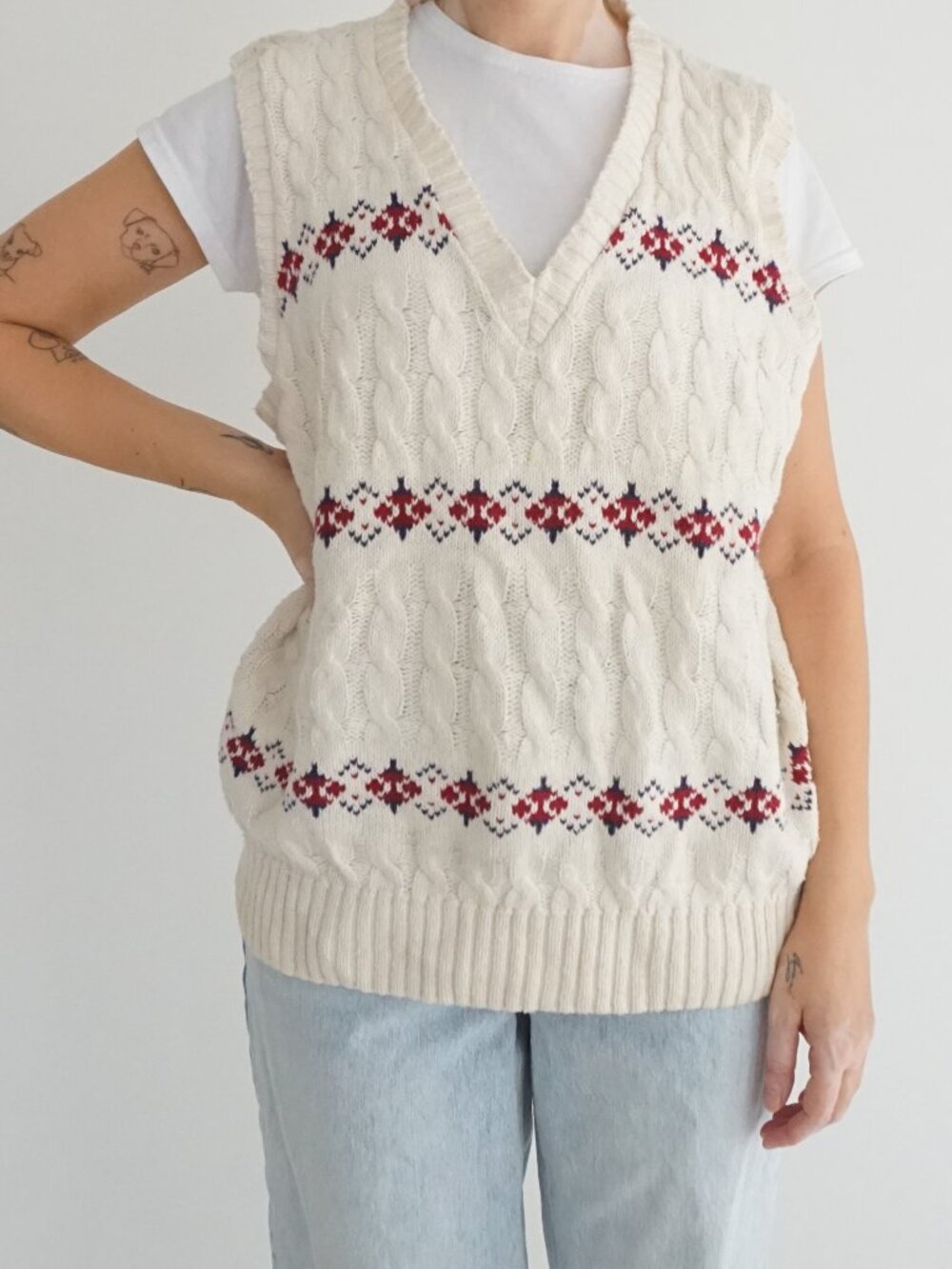Vintage Bedford Fair Cream Cable Knit Red Navy Fair Isle V Neck Sweater Vest M